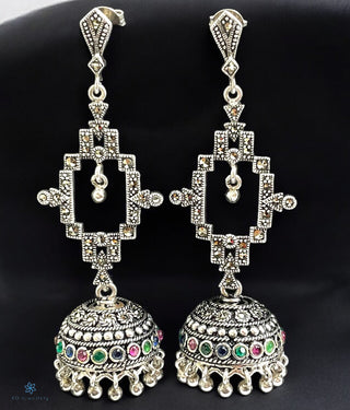 A pair of Pragya Silver Marcasite Jhumkas with KO jewellery logo in the bottom left