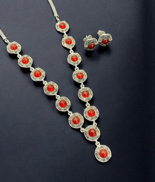 The Dramatic Red Silver Marcasite Necklace & Earring