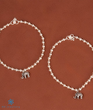 The Pearl Elephant Silver Anklets