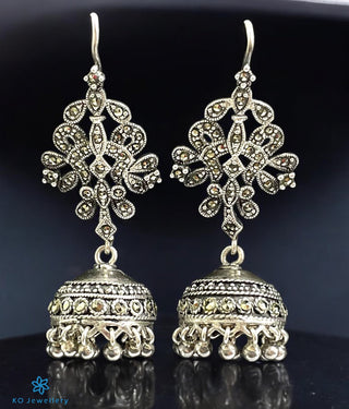 A image of Vyasa Silver Marcasite Jhumkas with KO jewellery logo in the bottom left