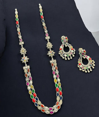 The Meghana Silver Navaratna  Necklace(2 Layers/Oxidised)