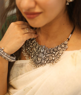 The Sadhika Silver Pearl Lakshmi  Necklace (Oxidised)