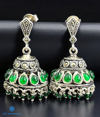 A pair of Deeksha Silver Marcasite Jhumkas with KO jewellery logo in bottom left