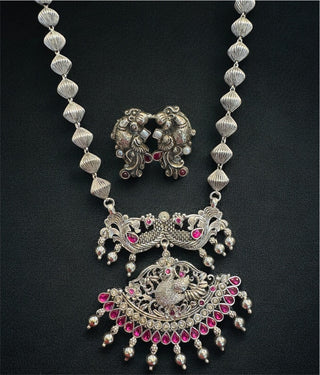 The Manthan Silver Bridal Peacock Necklace & Earrings (Oxidised)