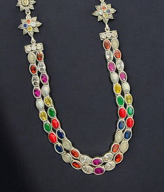 The Meghana Silver Navaratna  Necklace(2 Layers/Oxidised)