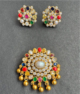The Yajata Silver Navratna Pendant & Earrings