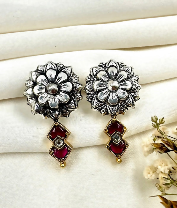 The Floral Silver Kundan Earrings (Red)(2 tone)