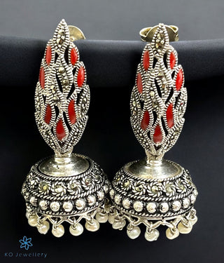 A pair of Varudha Silver Marcasite Jhumkas with KO jewellery logo in the bottom left