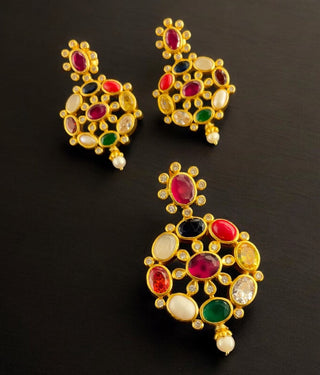 The Payal Silver Navratna Pendant & Earrings