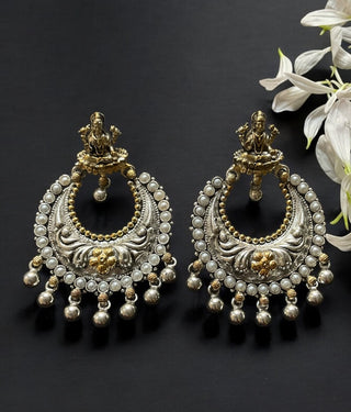 The Krutika Silver Nakshi Chandbali Earrings (2 tone)