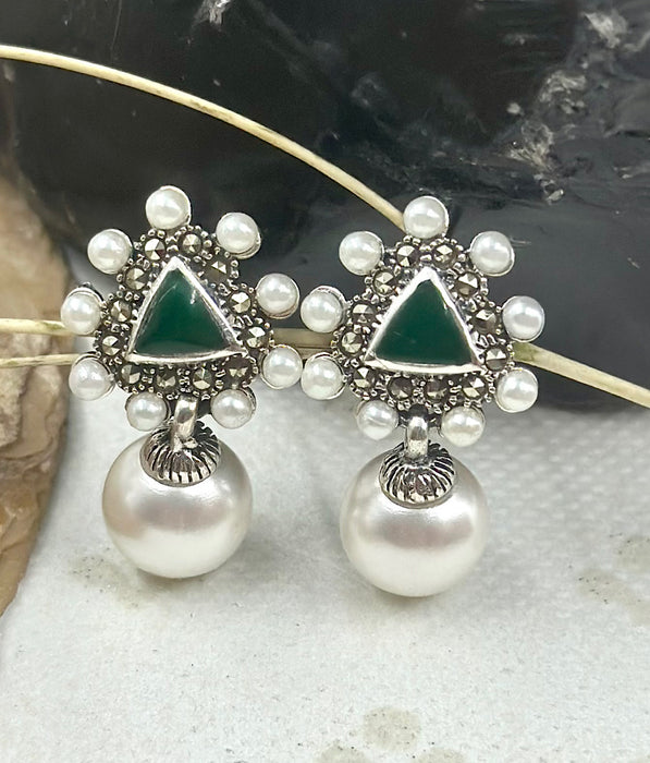 The Silver Pearl & Marcasite Earrings (Green)
