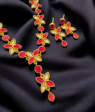The Soha Silver polki Necklace & Earrings (Red)