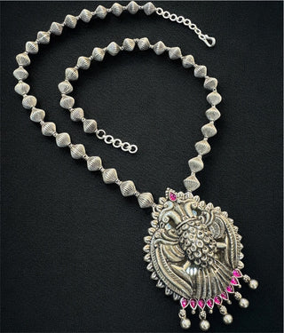 The Suvrata Silver Gandaberunda Beads Necklace & Earrings (Oxidised)