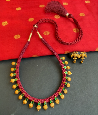 The Chaya Silver Red Thread Green Necklace & Earrings