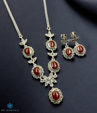 The Exquisite Elegance Silver Marcasite Necklace & Earrings (Red)