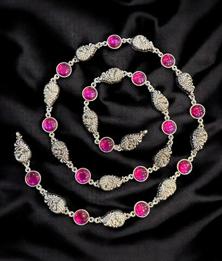 The Varunya Nakshi Silver Peacock Necklace & Earrings (Red)