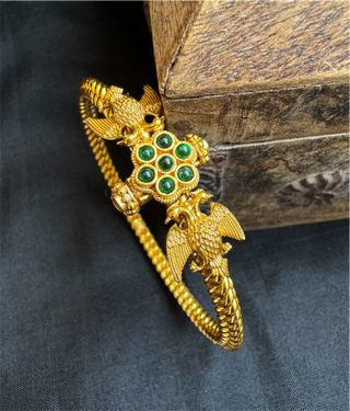 The Virat Silver Gandaberunda Golusu Bangle-Single (Size /2.2/2.4/2.6/2.8) (Green)