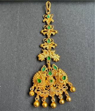 The Svarnika Silver Peacock Bridal Maang Tikka (Green)