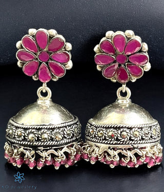 A pair of Pitaka Silver Floral Marcasite Jhumkas with KO jewellery logo in bottom left