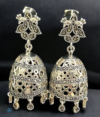 A pair of Purvi Silver Peacock Marcasite Jhumkas with a KO jewellery logo on bottom left