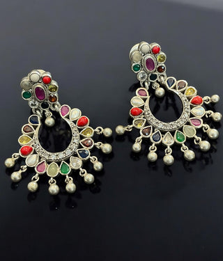 The Meghana Silver Navaratna  Necklace(2 Layers/Oxidised)