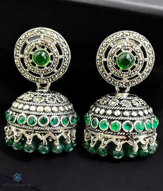 A pair of Bindu Silver Marcasite Jhumkas with KO jewellery logo in the bottom left