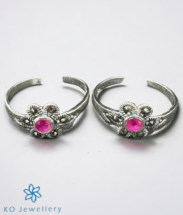 The Pushpam Silver Marcasite Toe-Rings (Pink)