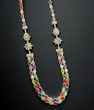 The Meghana Silver Navaratna  Necklace(2 Layers/Oxidised)