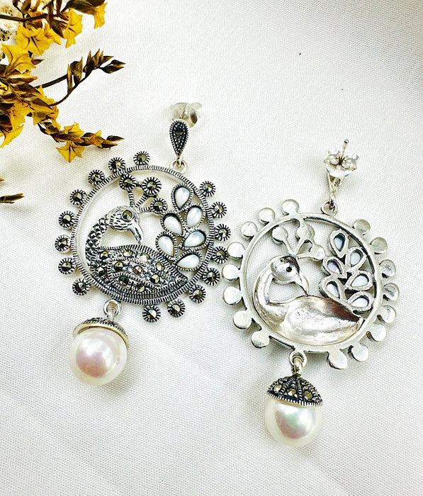 The Peacock Silver Pearl Marcasite Earrings