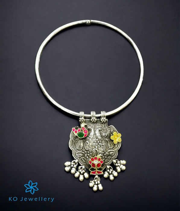 The Vaiga Silver Antique Peacock Hasli Necklace (2 tone)