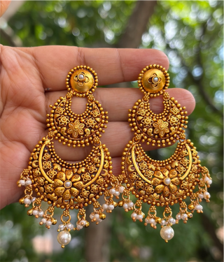 The Prisha Silver Pearl Floral Chandbali Earrings