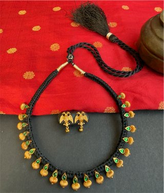 The Chaya Silver Black Thread Green Necklace & Earrings