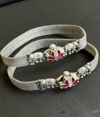 The Kunjara Elephant & Lotus 925 Sterling Silver Mesh Anklets