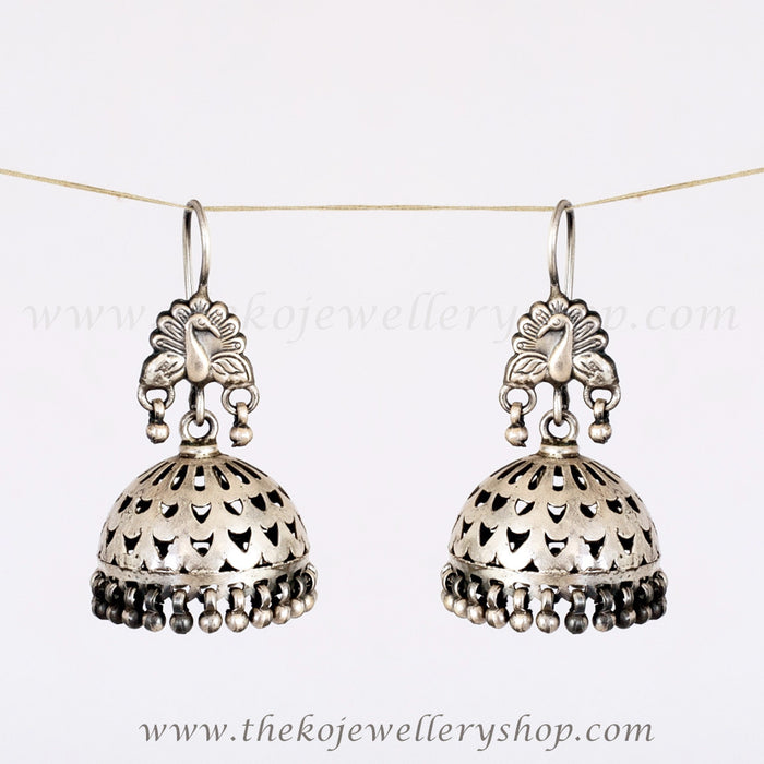 Hand crafted silver peacock jhumka buy online