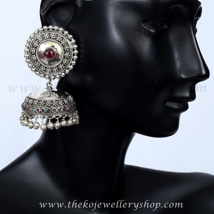 Red stone silver jhumka shop online