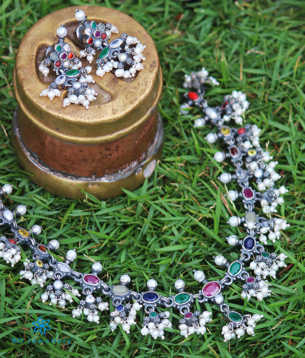 The Pratyusha Silver Navratna Necklace (Oxidised)