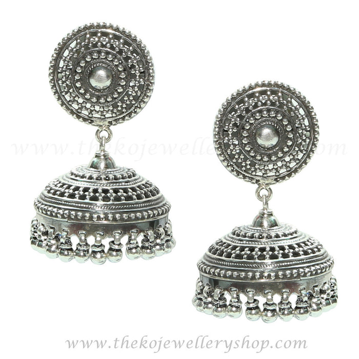 Jaal pattern handcrafted silver jhumka shop online 