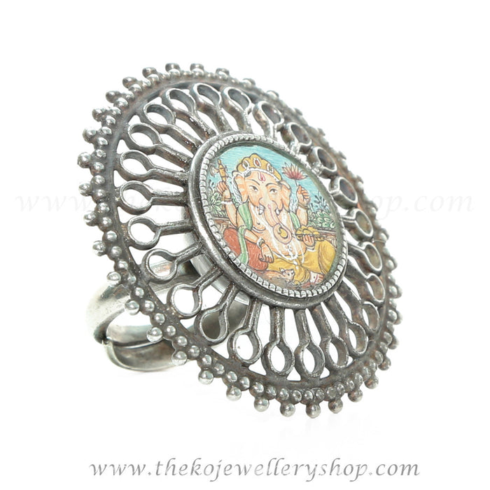 The Avaneesh Silver Handpainted Ganesh Ring