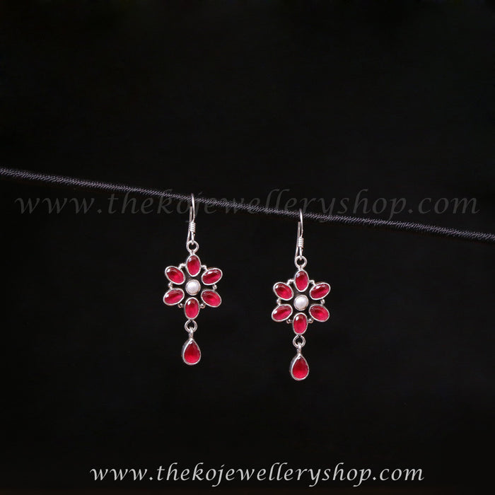 silver hand made earrings red stones