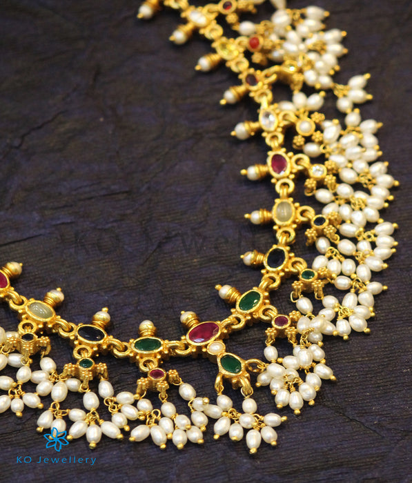The Pratyusha Silver Navratna Necklace (Long/Rice Pearls)