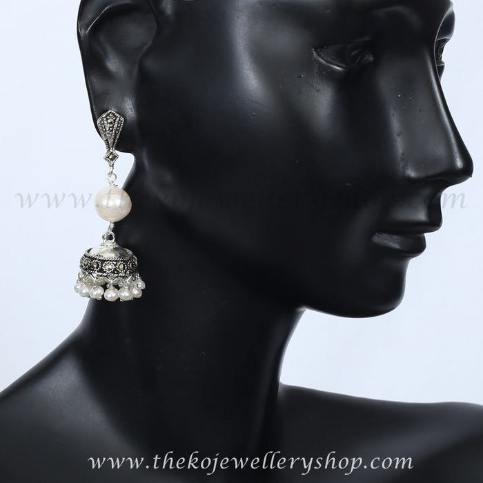 Sparkling silver and pearl jhumka  shop online