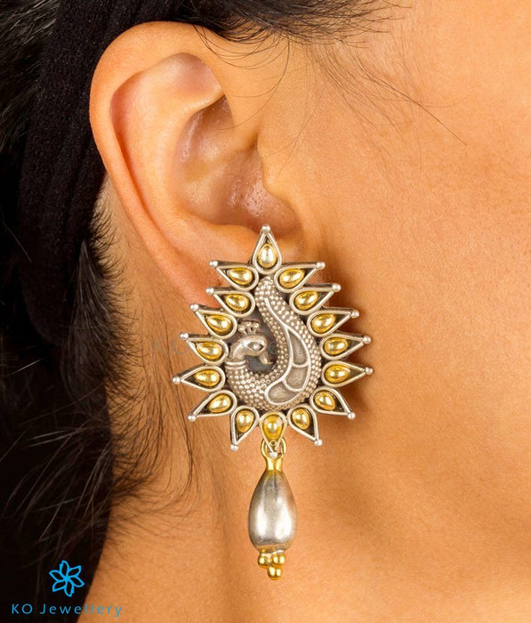 The Marala Silver Peacock Earrings (Two-tone)