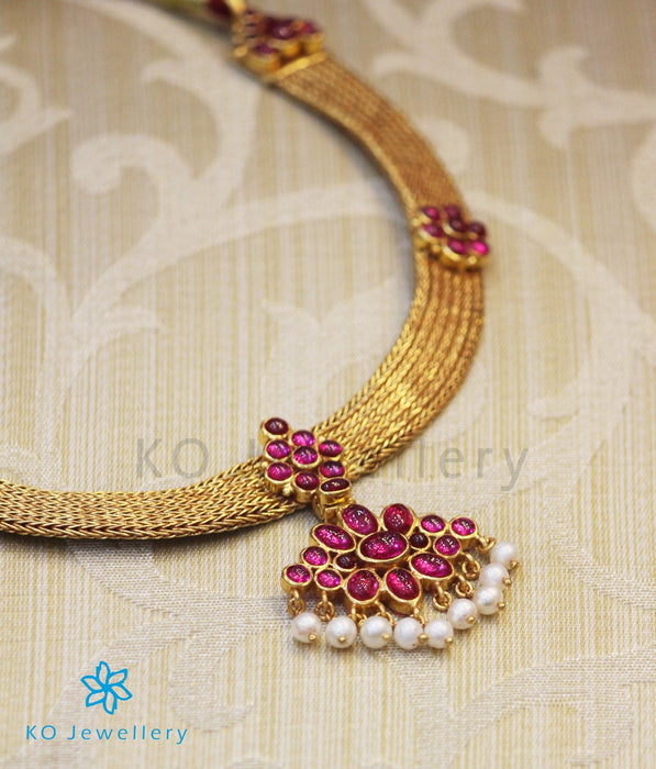 Gold coated pure silver choker with kempu stones