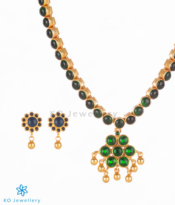 Gold plated addige silver necklace set with kempu stones