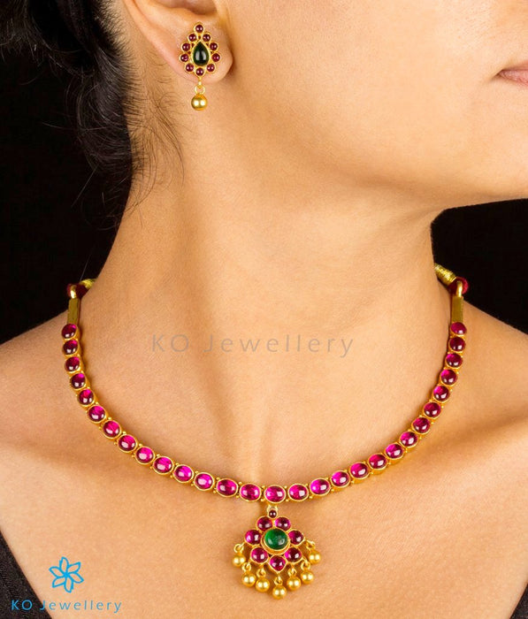 Gold plated silver kempu stone necklace set