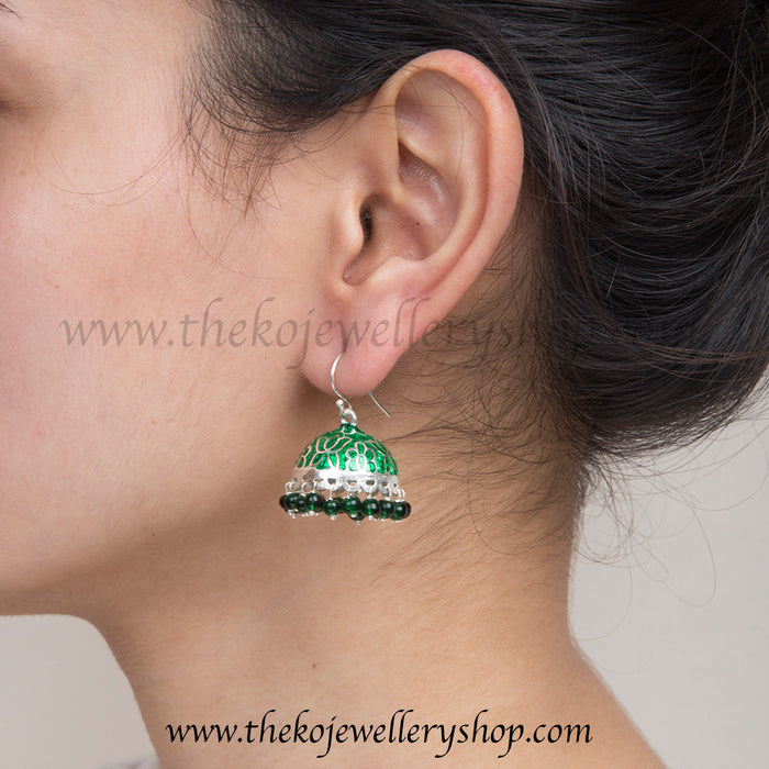 925 sterling silver enamel green jhumka  jewellery for women