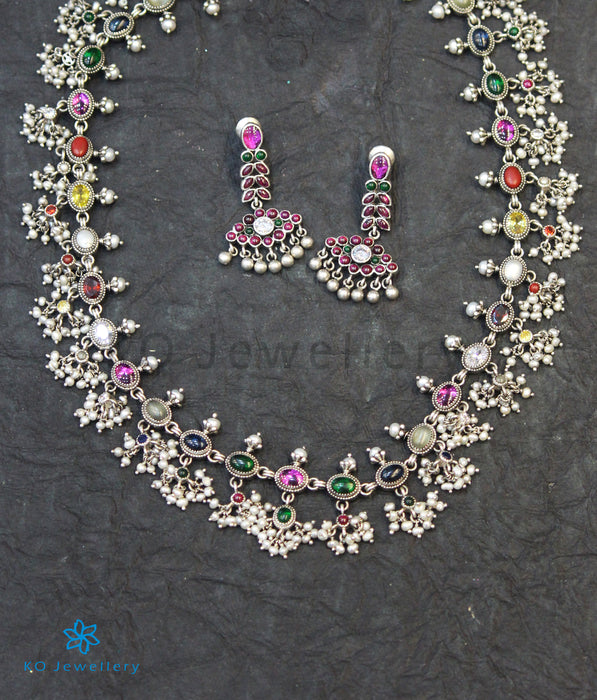 The Pranit Silver Navratna Necklace (Oxidised)