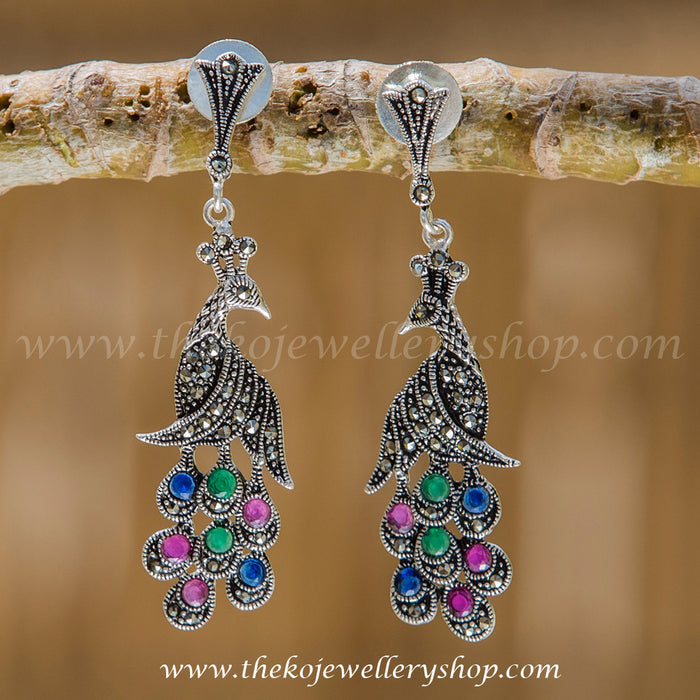 Buy online hand crafted silver peacock earrings 