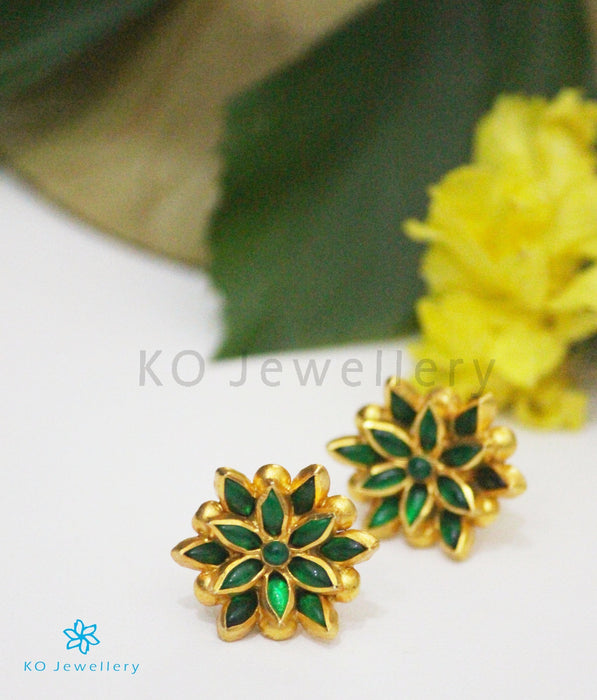 Gold coated pure silver lotus shaped green earrings