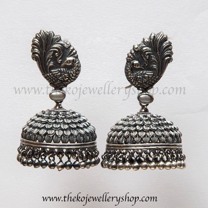 Hand crafted silver peacock jhumka shop online